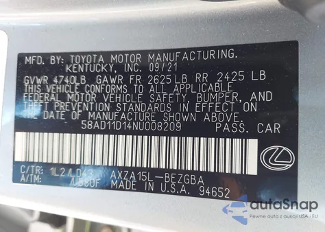 2022 Lexus Es 250 z USA, uszkodzony, nr VIN 58AD11D14NU008209